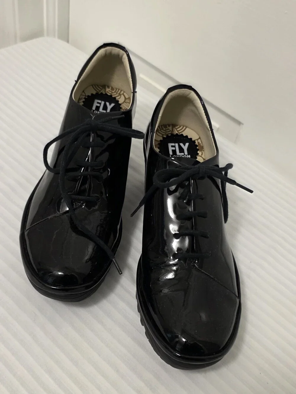 FLY London Black Patent Lace-Up Platform Shoes Size 39=8/8.5 US